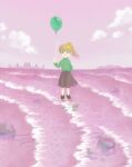  1girl arm_behind_back balloon beach black_footwear black_skirt blonde_hair closed_mouth cloud commentary_request floating_hair green_eyes green_sweater hand_up highres holding holding_balloon horizon island long_hair long_sleeves looking_at_viewer niwasakino_daei ocean pink_sky pink_water poniko ponytail shoes signature skirt sky smile socks solo standing standing_on_liquid straight-on sweater turtleneck turtleneck_sweater waves white_socks wide_shot yume_nikki 