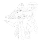  2023 alternate_hairstyle anthro badfidhell broken_wing clothing dialogue dinosaur dress_shirt english_text fingers goodbye_volcano_high hair hand_on_hip hand_on_own_hip hi_res jacket long_hair looking_at_viewer male monochrome naser_(gvh) pterodactylus pterosaur reptile scalie shirt smile snoot_game_(fan_game) snout solo talking_to_viewer text topwear wings 