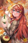  1girl ahoge autumn autumn_leaves black_pantyhose blue_eyes brand_name_imitation breasts brown_jacket brown_skirt commentary_request cup disposable_cup eating_hair facing_to_the_side food food_on_face go-toubun_no_hanayome hair_between_eyes hair_ornament highres holding holding_cup jacket large_breasts lemon_t long_hair looking_at_viewer nakano_itsuki notice_lines outdoors pantyhose plaid plaid_jacket red_hair sitting_on_bench skirt solo squirrel star_(symbol) star_hair_ornament 