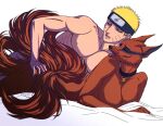  accessory anthro blonde_hair blue_eyes brown_body brown_fur canid canine collar collar_tag duo female fox fur hair hand_on_butt headband hi_res human kurama male male/female mammal naruto naruto_uzumaki simple_background snout whiskers white_background yin-kurama 