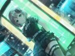  1girl aoba_moca aqua_eyes arm_behind_back bang_dream! belt corset detached_collar dutch_angle flower frills garter_straps gloves glowing grey_hair hair_flower hair_ornament half_gloves looking_to_the_side official_art outdoors overskirt parted_lips pocket_watch puffy_short_sleeves puffy_sleeves rain ribbon see-through see-through_sleeves short_hair short_sleeves shorts solo thighhighs third-party_source watch water_drop wet 