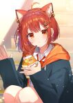  1girl absurdres ahoge animal_ear_fluff animal_ears bow bowtie braid collared_shirt drink drinking_straw ear_piercing earrings hair_ornament highres holding holding_drink hood hood_down hoodie jacket_over_hoodie jewelry juice_box knees_up looking_at_viewer nijisanji orange_eyes orange_hair piercing ratna_petit red_bow red_bowtie red_panda_ears shirt short_hair sitting sitting_on_stairs solo stairs star_(symbol) star_earrings virtual_youtuber white_shirt yumesaki_nana 