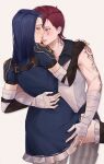  2girls bandaged_arm bandages blue_eyes blue_hair blush caitlyn_(league_of_legends) ear_piercing hand_on_another&#039;s_shoulder highres league_of_legends medium_hair miix777 multiple_girls parted_lips piercing red_hair twitter_username vi_(league_of_legends) yuri 