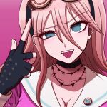  1girl :p artist_name barbed_wire black_choker black_gloves breasts choker cleavage collarbone danganronpa_(series) danganronpa_v3:_killing_harmony fangs gloves goggles goggles_on_headwear green_eyes hair_between_eyes highres iruma_miu large_breasts long_hair pink_shirt sailor_collar shirt solo suiren_yurei teeth tongue tongue_out upper_teeth_only white_sailor_collar 