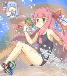  &lt;boss&gt; 2girls ? afloat air_bubble animal armpits barefoot blue_hair blue_one-piece_swimsuit blue_ribbon blunt_bangs blush blush_stickers boomerang_(subnautica) breasts bubble chibi chibi_inset commentary_request crossover fish floating_hair foot_out_of_frame furrowed_brow hair_intakes hair_ribbon hand_up health_bar highres holding holding_animal holding_breath holding_fish kotonoha_akane kotonoha_aoi long_hair low_tied_sidelocks medium_breasts multiple_girls neck_ribbon one-piece_swimsuit outline pink_eyes pink_hair red_ribbon ribbon school_swimsuit sidelocks subnautica swimsuit thumbs_up underwater user_interface v-shaped_eyebrows voiceroid white_outline 