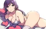 1girl bra closed_mouth duke_(inu_daimyou) green_eyes hair_ornament hair_scrunchie long_hair love_live! love_live!_school_idol_project low_twintails lying on_stomach panties purple_hair red_scrunchie scrunchie smile solo thighhighs toujou_nozomi twintails underwear underwear_only white_bra white_panties white_thighhighs 