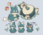  ? apple blush bubble closed_eyes closed_mouth fangs flower food fruit grass highres loveycloud lying munchlax open_mouth outstretched_arms pokemon running simple_background sleeping snorlax sound_effects standing 