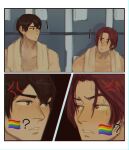  ! 2boys ? anger_vein annoyed bara close-up eye_contact free! highres juni_(iloveyouapollo) locker locker_room looking_at_another male_focus matsuoka_rin meme multiple_boys nanase_haruka_(free!) pride_flag_question_mark_(meme) rainbow_flag sequential short_hair sideburns toned toned_male topless_male towel towel_around_neck upper_body 