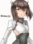  1girl bob_cut brown_eyes brown_hair corset headgear highres inverted_bob kantai_collection maakun_(makun_dx) one-hour_drawing_challenge parted_lips shirt short_hair simple_background solo taihou_(kancolle) twitter_username upper_body white_background white_shirt 