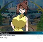  1girl alternate_breast_size blue_eyes breasts brown_hair duplicate english_text gigantic_breasts hair_ornament hair_scrunchie huge_breasts impossible_clothes impossible_shirt large_breasts looking_at_viewer mazaki_anzu ponytail screenshot scrunchie shirt sleeveless sleeveless_shirt smile solo thesanstorm tight_clothes tight_shirt yellow_shirt yu-gi-oh! yu-gi-oh!_duel_links yu-gi-oh!_duel_monsters 