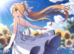  1girl air_(visual_novel) blonde_hair blue_eyes blue_sky choker cloud commentary_request day dress english_commentary flower hair_ribbon kamio_misuzu looking_to_the_side mauve mixed-language_commentary outdoors outstretched_arm ponytail ribbon sky sleeveless sleeveless_dress solo sun sunflower sunlight white_choker white_dress white_ribbon 