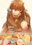  1boy apollo_(fate) arm_behind_head brown_hair candy cape cigarette cupcake dessert fate/grand_order fate_(series) food gauntlets hector_(fate) highres lollipop male_focus mature_male mouth_hold short_sleeves simple_background smoke smoking sweatdrop tabard translation_request tumikilondon5 tunic white_background 