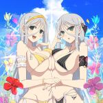  2girls armband bikini black_armband black_bikini blue_flower blue_sky blush breast_press breasts chain cleavage cloud collarbone day falling_petals field flower flower_field frilled_armband frills gekkou_(senran_kagura) green_eyes green_flower grey_hair groin hair_between_eyes hair_ornament hairband highres jewelry leaf long_hair looking_at_viewer micro_bikini multiple_girls navel official_art open_mouth orange_flower pendant pentagram petals pink_flower polka_dot polka_dot_bikini purple_flower rainbow red_flower ring scrunchie senkou_(senran_kagura) senran_kagura senran_kagura_new_link siblings side-tie_bikini_bottom sisters sky smile sparkle swimsuit symmetrical_docking tareme teeth tongue tsurime twins underboob upper_teeth_only white_armband wrist_scrunchie yaegashi_nan yellow_bikini yellow_flower yellow_hairband 