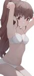  1girl bra breasts brown_eyes brown_hair cleavage closed_mouth highres hiroki_(yyqw7151) long_hair looking_at_viewer medium_breasts panties ponytail simple_background sitting solo taneshima_popura underwear underwear_only white_background white_bra white_panties working!! 