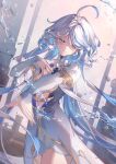  1girl ahoge blue_hair blue_nails chikenryice dancing elbow_gloves eyebrows_hidden_by_hair focalors_(genshin_impact) genshin_impact gloves highres long_hair looking_at_viewer multicolored_hair nail_polish reaching reaching_towards_viewer smile solo tears water white_hair 