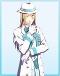  1boy aqua_bow aqua_bowtie blonde_hair bow bowtie fedora formal gloves hair_between_eyes hat idolmaster idolmaster_side-m idolmaster_side-m_growing_stars koron_chris long_sleeves male_focus simple_background smile solo suit thumb_to_mouth white_gloves white_suit yellow_eyes 