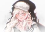  1girl absurdres aia_amare black_jacket blonde_hair blush braid bright_pupils english_commentary glasses hat heart heart-shaped_pupils highres holding holding_pen hood hood_down hooded_jacket jacket letterman_jacket looking_at_viewer mei_(hiimeiree) nijisanji nijisanji_en parted_lips pen portrait shadow shirt smile solo symbol-shaped_pupils virtual_youtuber white_headwear white_pupils white_shirt 