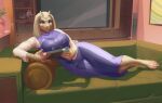  absurd_res ansart anthro big_breasts blue_eyes boss_monster bovid breasts caprine clothed clothing detailed_background female furniture hi_res horn lying mammal on_side smile sofa solo toriel undertale undertale_(series) 