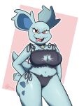  absurd_res anthro bell bell_collar big_breasts black_clothing blue_body breasts choker clothing collar digital_drawing_(artwork) digital_media_(artwork) female generation_1_pokemon hi_res jewelry lingerie meowth necklace nidorina nintendo pawprint_clothing pinup pokemon pokemon_(species) pose red_eyes short_stack simple_background smile smiling_at_viewer solo sspore thick_thighs tongue tongue_out 