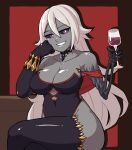  1girl alcohol bare_shoulders black_dress black_gloves black_sclera black_thighhighs bracelet bright_pupils choker clip_studio_paint_(medium) colored_sclera colored_skin commentary crossed_legs cup dress drinking_glass elbow_gloves english_commentary gloves grey_skin hair_between_eyes hand_on_own_cheek hand_on_own_face highres holding holding_cup jewelry lace lace_choker long_hair original purple_eyes red_background skeletal_arm smile solo thighhighs vibrantrida white_hair wine wine_glass 