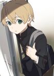  1boy bag black_jacket gakuran green_eyes hair_between_eyes jacket kochi_(wwwkyck) light_brown_hair looking_at_viewer male_focus open_door original parted_lips school_bag school_uniform sliding_doors solo 