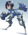  1girl black_hair blue_bodysuit bodysuit breasts digitigrade full_body gradient_background hair_intakes half-closed_eyes highres kurione_(zassou) leaning_forward looking_at_viewer mecha_musume mechanical_arms mechanical_legs mechanical_tail medium_breasts original oversized_forearms oversized_limbs purple_eyes shiny_clothes short_hair skin_tight solo tail 