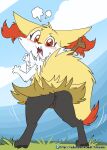  2023 anthro anus black_body black_fur blush braixen butt fuf fur generation_6_pokemon genitals hi_res looking_at_viewer looking_back looking_back_at_viewer nintendo nude open_mouth pokemon pokemon_(species) pussy rear_view red_body red_fur red_tail tail tongue white_body white_fur yellow_body yellow_fur yellow_tail 