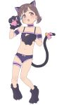  1girl :o animal_ear_fluff animal_ears animal_hands bare_shoulders bell black_bra black_choker black_panties blue_hair blunt_bangs blush bow bow_panties bra brown_eyes brown_hair cat_cutout cat_ears cat_lingerie cat_tail choker claws cleavage_cutout clothing_cutout colored_inner_hair cosplay flat_chest frilled_bra frilled_choker frilled_panties frills full_body gloves hand_up highres hozuki_momiji jingle_bell ksrvgn looking_at_viewer meme_attire multicolored_hair navel onii-chan_wa_oshimai! open_mouth oyama_mahiro oyama_mahiro_(cosplay) panties paw_gloves paw_pose paw_shoes pink_bow short_hair simple_background solo stomach tail tail_bell tail_bow tail_ornament two-tone_hair underwear white_background 