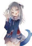  1girl animal_costume blue_eyes blue_hair blue_hoodie blunt_bangs breasts fins fish_tail gawr_gura gawr_gura_(1st_costume) grey_hair hair_ornament highres hololive hololive_english hood hoodie medium_hair multicolored_hair natsume_suzuri open_mouth shark_costume shark_girl shark_hair_ornament shark_tail sidelocks small_breasts smile streaked_hair tail teeth two_side_up upper_teeth_only virtual_youtuber waving 