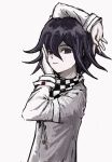  1boy arm_on_head black_eyes black_hair buttons checkered_clothes checkered_scarf closed_mouth danganronpa_(series) danganronpa_v3:_killing_harmony flipped_hair from_side grey_jacket highres jacket long_sleeves looking_at_viewer male_focus medium_hair ouma_kokichi scarf simple_background solo upper_body white_background xiang_(hako54559088) 