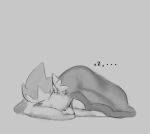  2023 absurd_res anthro arctic_fox bedding blanket breasts canid canine covering covering_self eyes_closed female fluffy fluffy_tail fox head_on_pillow hi_res hybrid inner_ear_fluff lichee lying mammal mephitid monochrome pillow skunk sleeping solo sound_effects tail tuft vowelless vowelless_sound_effect zzz 