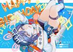  1girl absurdres blue_eyes blue_footwear blue_shorts braid glasses happy_birthday highres nijisanji nishikikope open_mouth ponto_nei purple_hair shirt shopping_cart shorts socks solo thigh_strap twin_braids virtual_youtuber white_shirt white_socks 