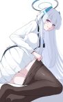  black_pantyhose blue_archive blue_necktie clothes_pull formal grey_hair halo headphones highres id_card jacket long_hair mechanical_halo miniskirt necktie no_shoes noa_(blue_archive) pantyhose pantyhose_pull pleated_skirt purple_eyes reia_76 skirt smile suit white_background white_jacket white_skirt white_suit 