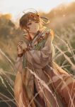  1boy absurdres ahoge aqua_coat arabian_clothes blurry blurry_background brown_hair cherry_biluo_(the_tale_of_food) chinese_clothes chinese_commentary circlet coat cowboy_shot crying crying_with_eyes_open daisy dusk flower gem gold_trim gradient_clothes gradient_coat highres holding holding_flower long_sleeves looking_to_the_side male_focus parted_lips pink_coat puffy_long_sleeves puffy_sleeves purple_eyes rachelee618 red_gemstone reeds robe sleeveless sleeveless_coat solo standing swept_bangs tassel tears the_tale_of_food white_flower white_robe 