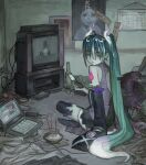  1girl arm_support bags_under_eyes bare_shoulders black_skirt black_thighhighs blue_hair bottle bowl calendar_(object) cellphone closed_mouth computer detached_sleeves dvd_player flip_phone frown full_body ghost_miku_(project_voltage) glitch gradient_hair green_hair grey_shirt hair_between_eyes holding holding_phone indoors laptop long_hair looking_at_viewer looking_back messy_room mismagius multicolored_hair muted_color ofuda on_floor pale_skin phone pokemon pokemon_(creature) poster_(object) project_voltage shirt sitting skirt sleeves_past_fingers sleeves_past_wrists solo television the_ring thighhighs twintails very_long_hair vocaloid will-o&#039;-the-wisp_(mythology) wuwuren yamamura_sadako yellow_eyes 