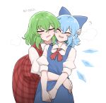  2girls :t blue_bow blue_dress blue_hair bow cirno closed_eyes collared_shirt dress english_text green_hair hair_bow heads_together height_difference highres hug ice ice_wings kazami_yuuka mata_(matasoup) medium_hair multiple_girls neck_ribbon pinafore_dress plaid plaid_skirt plaid_vest red_ribbon red_skirt ribbon shirt simple_background skirt sleeveless sleeveless_dress sweatdrop touhou vest white_background white_shirt wings 