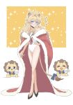  1girl animal_ears blonde_hair blush bow brown_fur cape closed_eyes closed_mouth crown earrings hand_on_own_hip high_heels highres jewelry kondou_(acid) lion lion_ears lion_girl lion_tail long_hair looking_at_another looking_at_viewer noripro one-piece_swimsuit purple_eyes red_cape regrush_lionheart score single_earring smile swimsuit tail tail_bow tail_ornament virtual_youtuber white_one-piece_swimsuit 