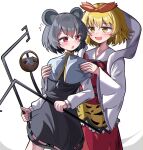  2girls :d animal_ears animal_print basket blonde_hair blue_capelet capelet commentary dowsing_rod english_commentary grey_hair grey_shirt grey_skirt highres jewelry long_sleeves looking_at_another mouse mouse_ears mouse_girl mouse_tail multiple_girls nazrin open_mouth pendant red_eyes shawl shirt short_hair simple_background skirt smile spam_(spamham4506) tail tiger_print toramaru_shou touhou white_background wide_sleeves yellow_eyes 