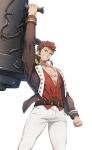  1boy absurdres bara boots brown_hair brown_jacket cannon facial_hair fate/grand_order fate_(series) goatee highres holding holding_weapon jacket large_pectorals long_sideburns male_focus muscular muscular_male napoleon_bonaparte_(fate) okonon_(kado_colda) pants pectorals short_hair sideburns simple_background smile solo teeth weapon white_background white_pants 