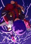  1girl breasts cleavage cropped_jacket electricity facing_viewer hair_over_eyes high_heels highres jacket jewelry kicking large_breasts lightning lips long_hair long_sleeves open_mouth orochi_shermie pencil_skirt ponytail purple_hair red_jacket red_skirt revision shermie_(kof) skirt solo the_king_of_fighters yagi2013 