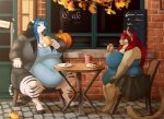  2019 anthro big_breasts biglovealicia black_body black_fur black_hair blue_eyes blue_hair breasts chair clothed clothing container cup curvy_figure day detailed_background digitigrade dishes duo ears_back ears_up eating english_text equid equine felid feline female full-length_portrait fully_clothed fur furniture hair hand_on_hip hi_res huge_belly light lighting mammal obese obese_female on_chair overweight overweight_female pivoted_ears portrait red_hair restaurant shaded signature sitting sitting_on_chair smile sunlight table tail tail_tuft text thick_arms thick_thighs tuft unguligrade white_body white_fur wide_hips window zebra 