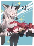  2girls :d animal_ear_fluff animal_ears black_hair black_jacket black_thighhighs bodysuit cat_ears cat_girl cat_tail closed_eyes cropped_jacket demon_girl demon_tail extra_ears fangs gradient_hair grey_hair hand_on_another&#039;s_head highres horns invisible_chair jacket lap_pillow long_hair long_sleeves mosou_keito multicolored_hair multiple_girls music musical_note off-shoulder_sweater off_shoulder open_mouth original pointy_ears red_hair singing sitting sleeping sleeves_past_wrists smile streaked_hair striped striped_thighhighs sweater tail thighhighs twintails two-tone_hair two_side_up very_long_hair white_bodysuit white_thighhighs 