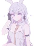  1girl animal_ears bare_shoulders between_breasts black_gloves black_ribbon breasts danganronpa:_trigger_happy_havoc danganronpa_(series) detached_collar fake_animal_ears fishnet_pantyhose fishnets gloves grey_hair hair_ribbon hand_up highres kirigiri_kyoko leotard long_hair necktie necktie_between_breasts official_alternate_costume pantyhose pink_eyes playboy_bunny pote_(pote_39) ribbon sitting small_breasts solo strapless strapless_leotard white_leotard 