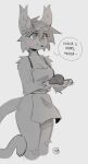  2022 anthro apron apron_only blush breasts clothing dialogue duskihorns english_text felid feline female food fur hair hi_res inner_ear_fluff jade_mcleod_(character) lynx mammal monochrome serving_tray signature simple_background sketch solo speech_bubble tail text tuft 