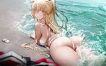  1girl animal_ears arknights ass bikini blonde_hair blue_eyes breasts clam hair_between_eyes highres long_hair lying medium_breasts ocean sidelocks swimsuit viviana_(arknights) white_bikini yuuki_mix 