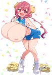  1girl :d alternate_costume bandaid bandaids_on_nipples breasts breasts_out cheerleader clothes_lift dragon_horns drill_hair fang flashing full_body gigantic_breasts highres horns ilulu_(maidragon) kobayashi-san_chi_no_maidragon lifted_by_self miniskirt open_mouth oppai_loli pasties pink_eyes pink_hair pointy_ears pom_pom_(cheerleading) shirt_lift shoes short_hair_with_long_locks signature simple_background skirt sleeveless slit_pupils smile sneakers solo toudori twin_drills 