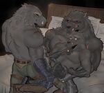  absurd_res anthro biped black_sclera blaidd_(elden_ring) bottomwear canid canine canis clone clothed clothing elden_ring fromsoftware fur grey_body grey_fur group hi_res male male/male mammal muscular muscular_anthro muscular_male pecs purple_eyes quetza scar scars_all_over teeth topless trio wolf 