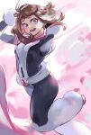  1girl akiyama_youkou belt boku_no_hero_academia boots breasts brown_eyes brown_hair hand_in_own_hair highres jumping large_breasts looking_at_viewer open_mouth pink_background short_hair simple_background skin_tight smile solo tight_clothes uraraka_ochako 