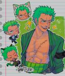  1boy absurdres animal_ears bare_pectorals birthday cat_ears chibi cropped_torso dark-skinned_male dark_skin green_hair highres japanese_clothes kimono looking_to_the_side male_focus one_piece open_clothes open_kimono open_mouth pectorals roronoa_zoro sainttufa scar scar_across_eye short_hair solo sparkling_aura toned toned_male 