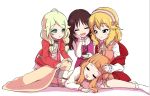  4girls ahoge blanket blonde_hair bowl brown_hair cardigan closed_eyes dress food fruit green_eyes hairband hand_on_own_cheek hand_on_own_face hands_on_another&#039;s_head ichihara_nina idolmaster idolmaster_cinderella_girls lap_pillow lolita_hairband long_hair lying multiple_girls on_side open_mouth pink_dress pink_shirt pink_skirt purple_dress red_cardigan sakurai_momoka shirt short_hair shouwaru sitting skirt sleeping smile socks strawberry suspenders tachibana_arisu twintails white_shirt white_socks yusa_kozue 